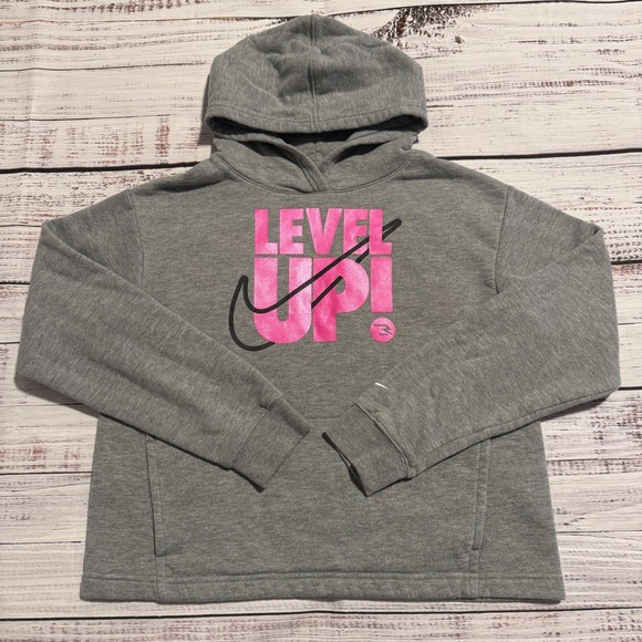Nike Other - Nike 3 Brand Logo "Level Up" Fleece Sweatshirt Hoodie Gray Pink‎ Youth Girls XL